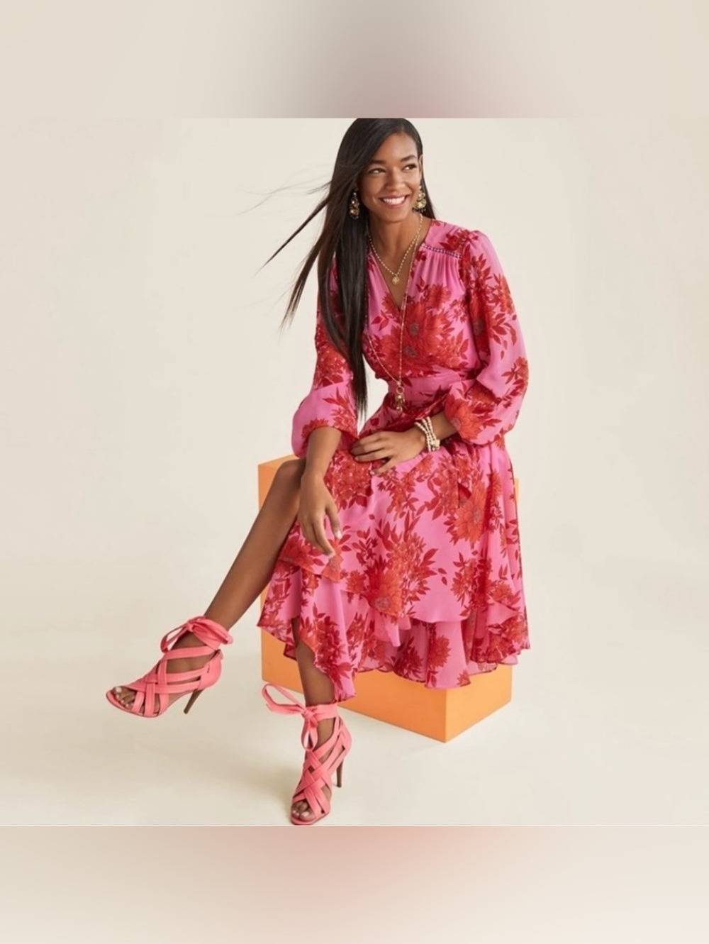 CAbi Drama 5614 Pink & Red Floral Asymmetrical Wrap Dress
